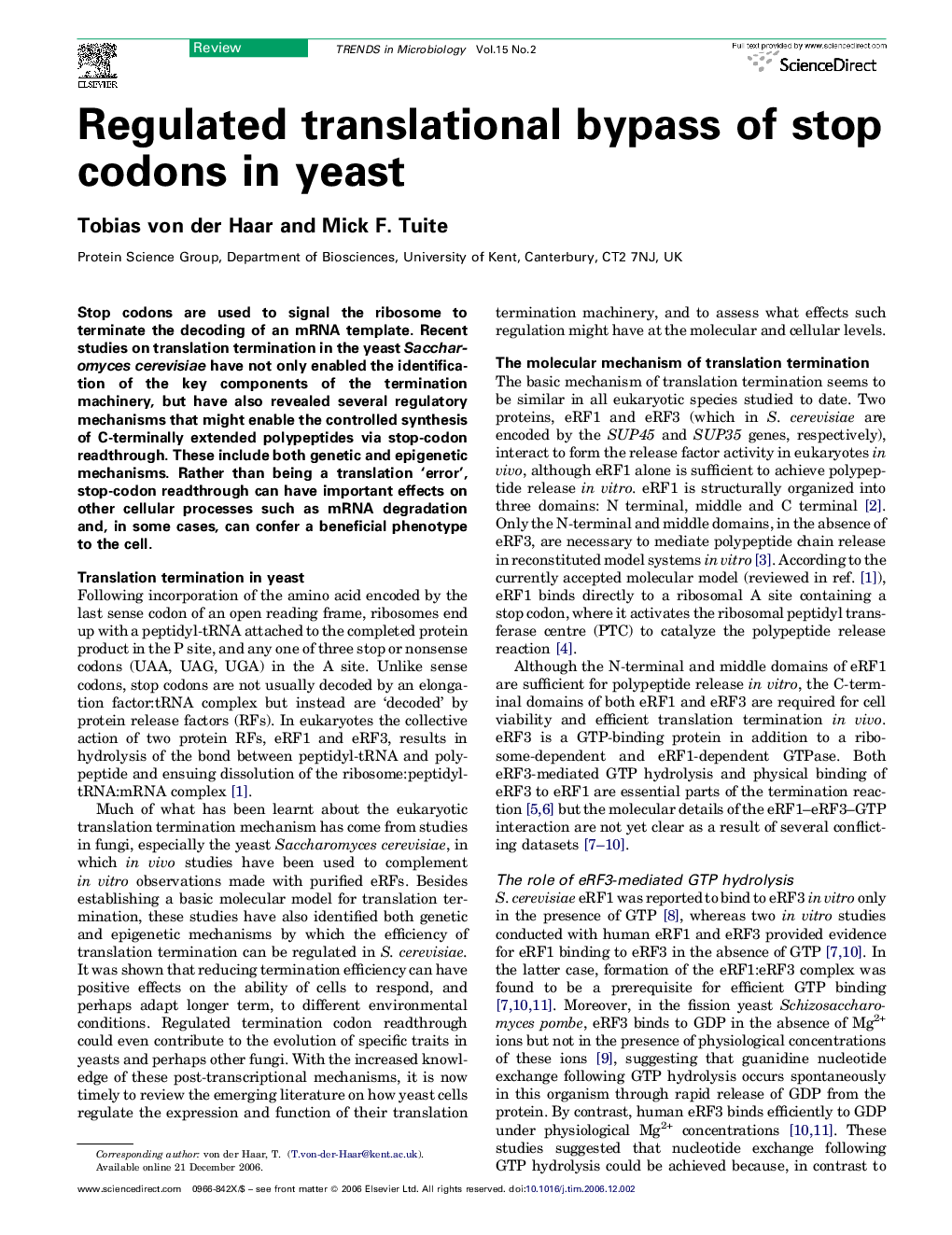 Regulated translational bypass of stop codons in yeast
