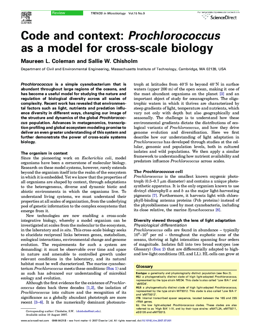 Code and context: Prochlorococcus as a model for cross-scale biology