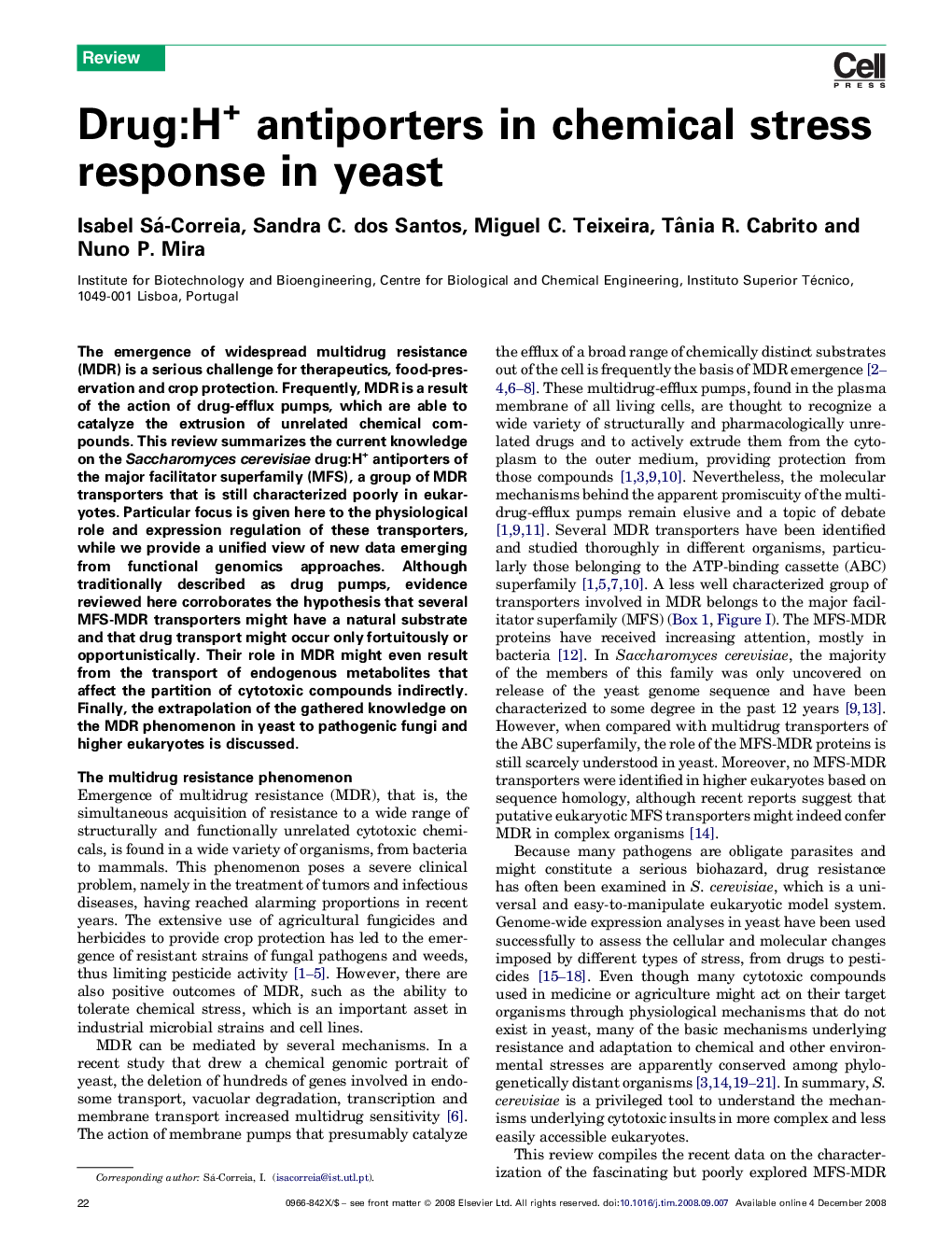 Drug:H+ antiporters in chemical stress response in yeast