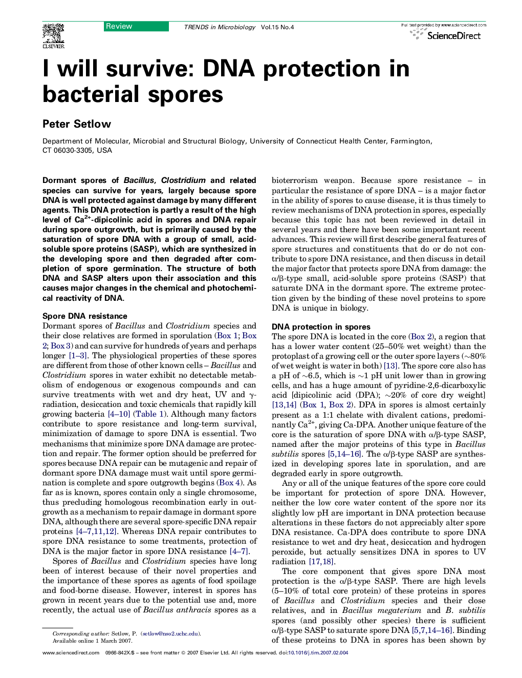 I will survive: DNA protection in bacterial spores