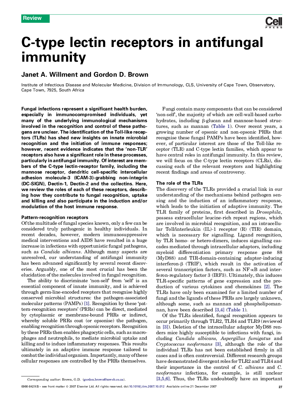 C-type lectin receptors in antifungal immunity