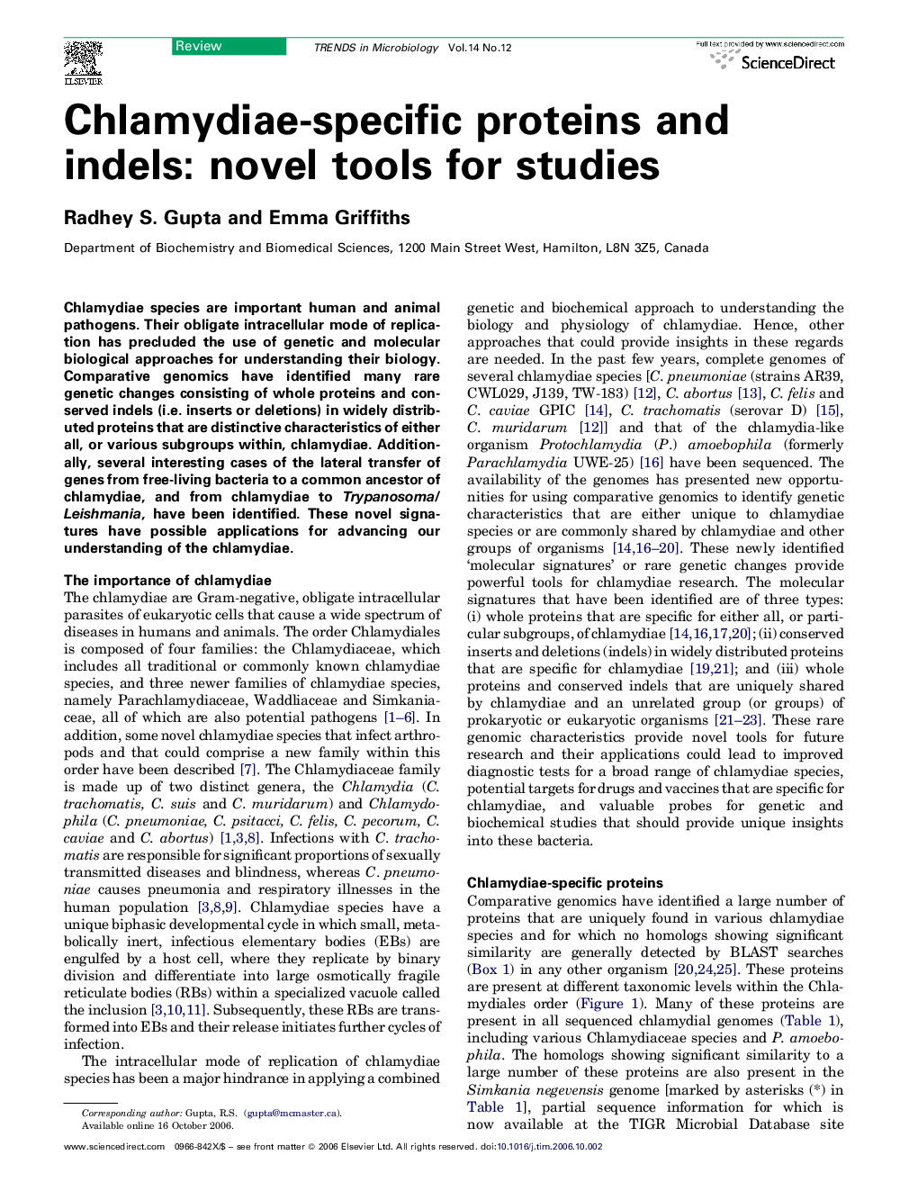 Chlamydiae-specific proteins and indels: novel tools for studies