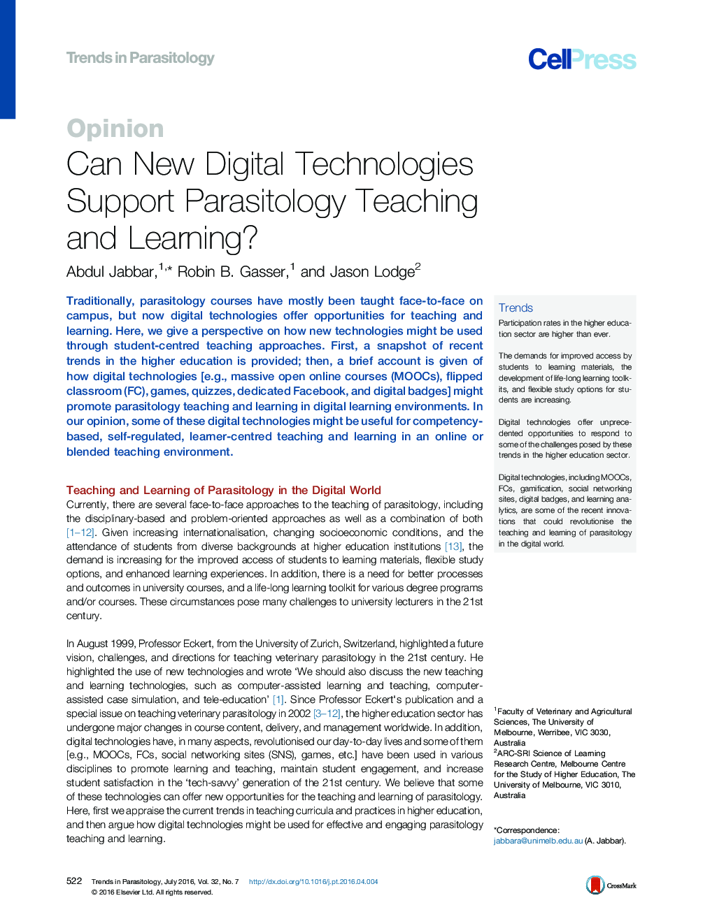 Can New Digital Technologies Support Parasitology Teaching and Learning?