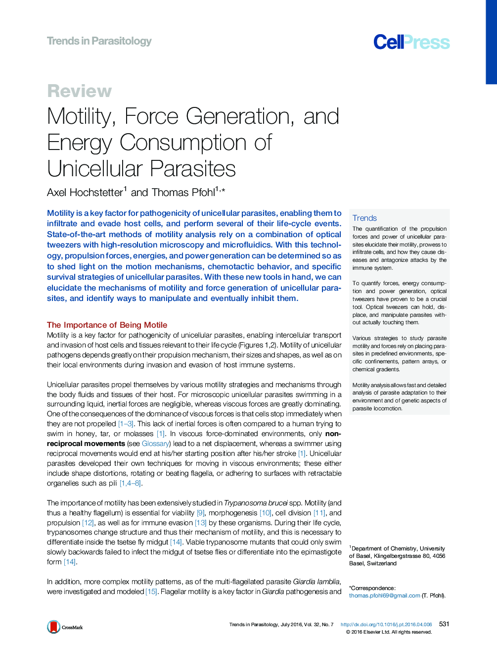 Motility, Force Generation, and Energy Consumption of Unicellular Parasites