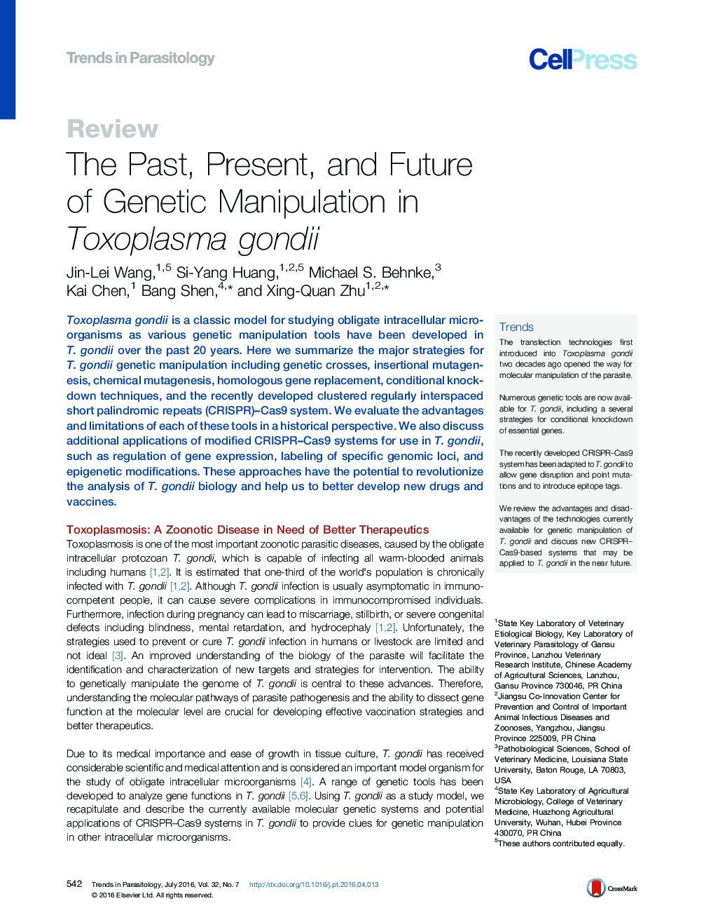 The Past, Present, and Future of Genetic Manipulation in Toxoplasma gondii