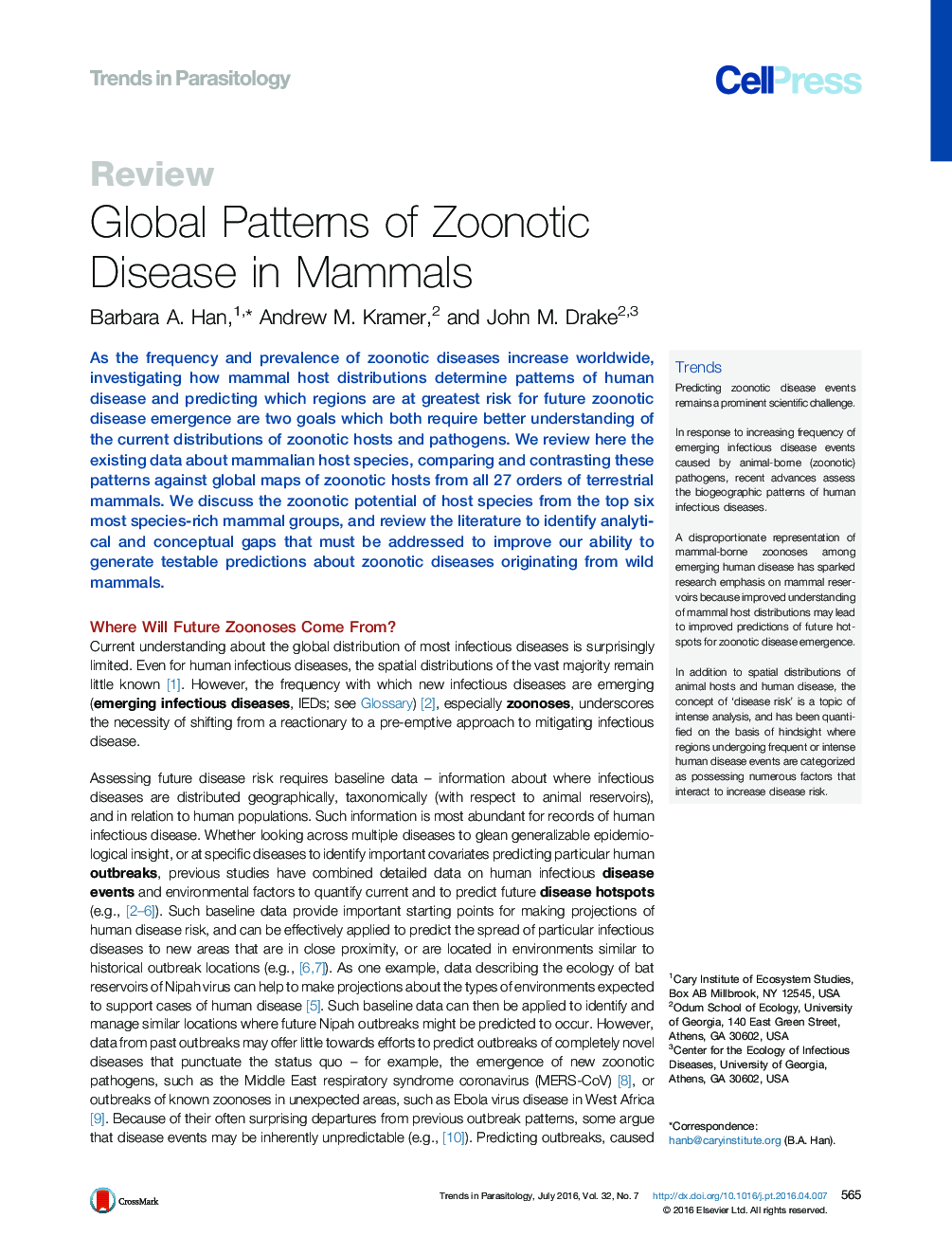 Global Patterns of Zoonotic Disease in Mammals