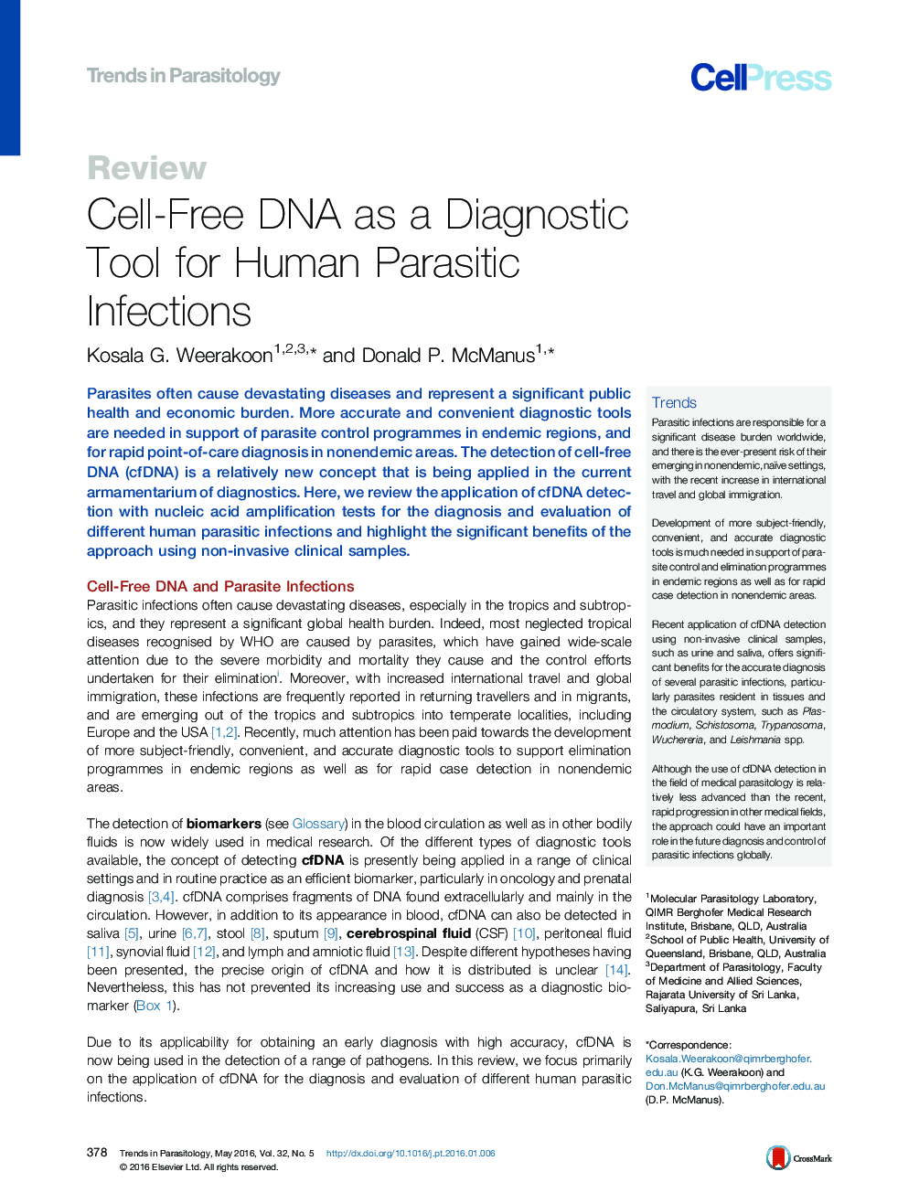 Cell-Free DNA as a Diagnostic Tool for Human Parasitic Infections