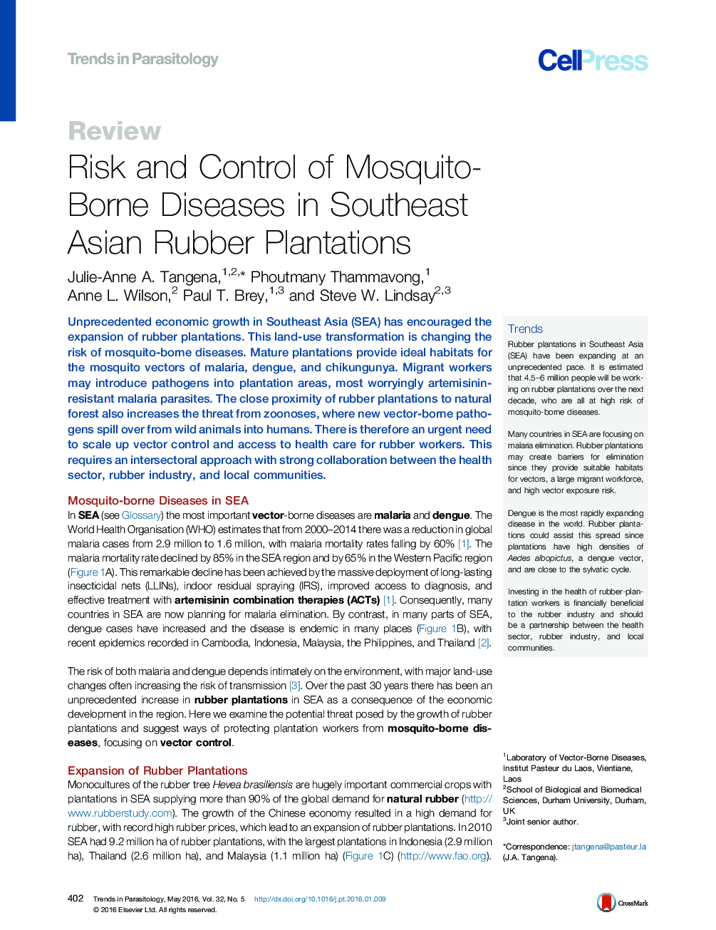 Risk and Control of Mosquito-Borne Diseases in Southeast Asian Rubber Plantations