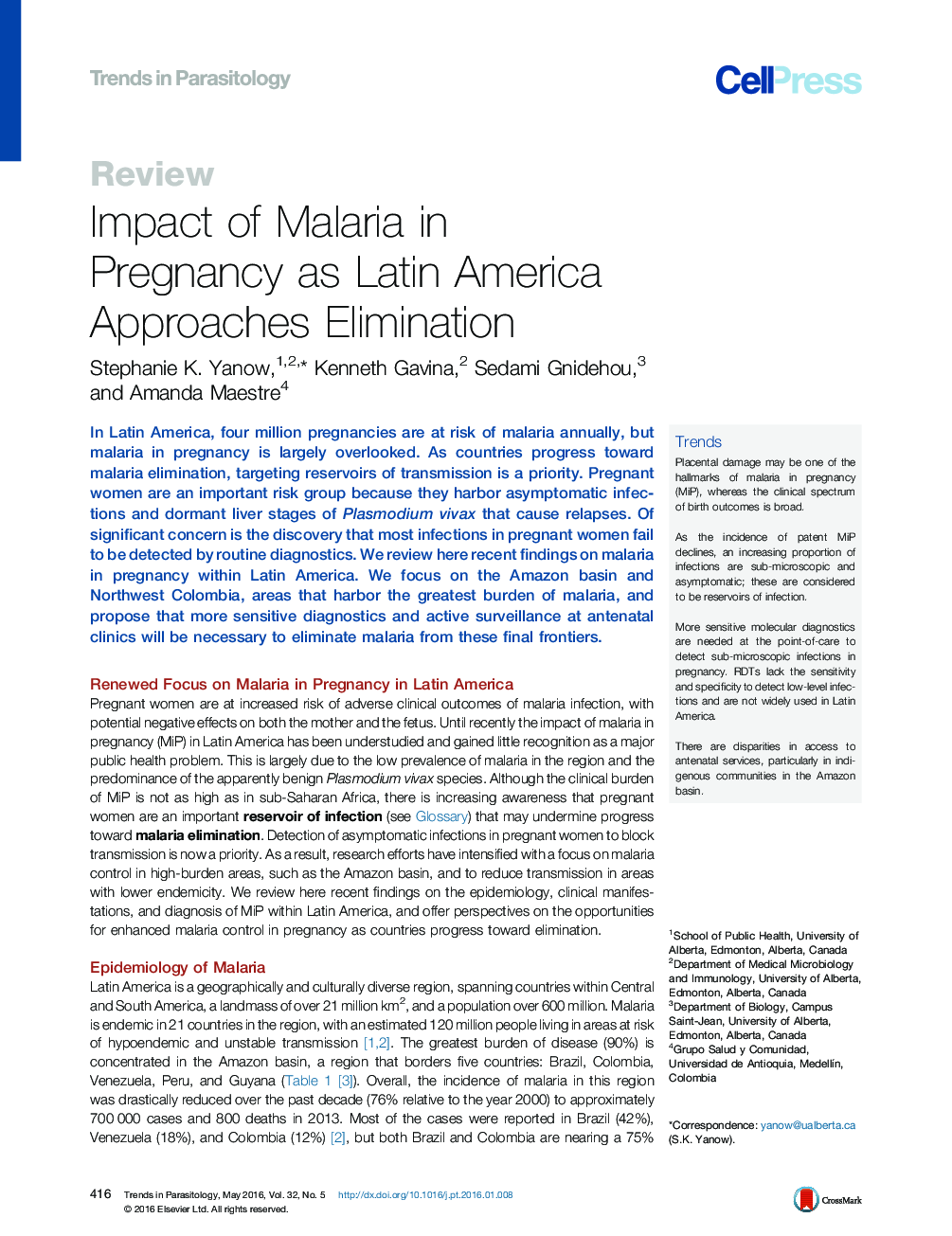 Impact of Malaria in Pregnancy as Latin America Approaches Elimination