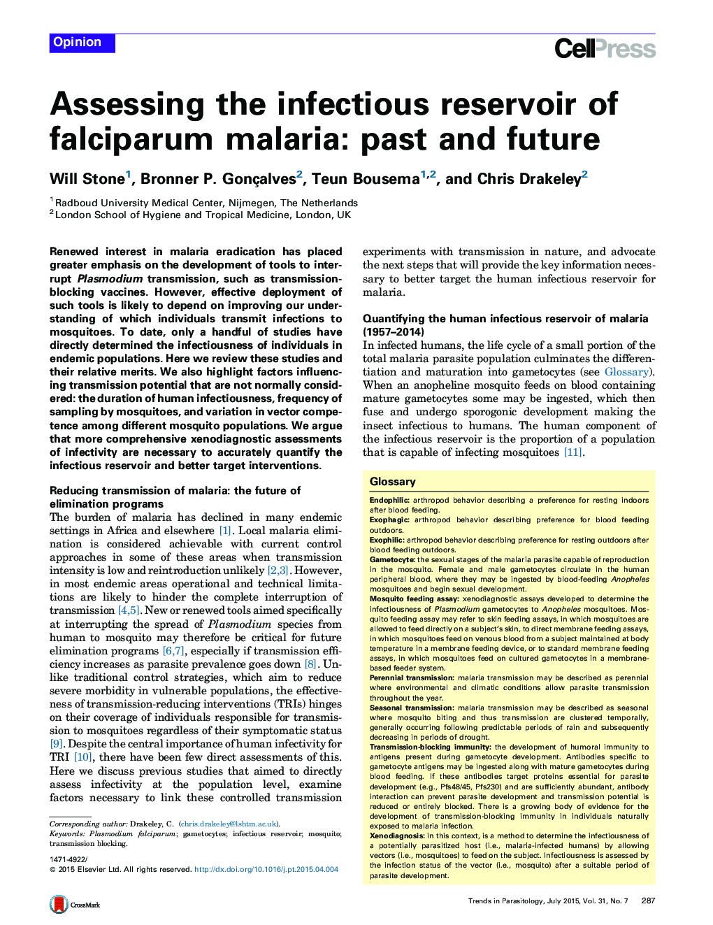 Assessing the infectious reservoir of falciparum malaria: past and future