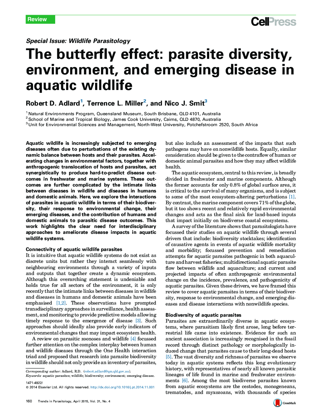 The butterfly effect: parasite diversity, environment, and emerging disease in aquatic wildlife