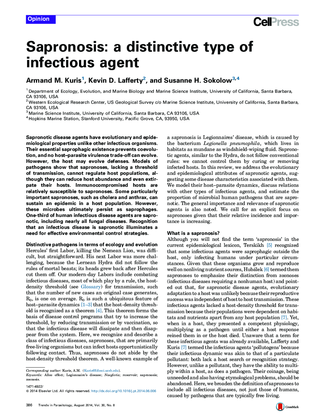 Sapronosis: a distinctive type of infectious agent