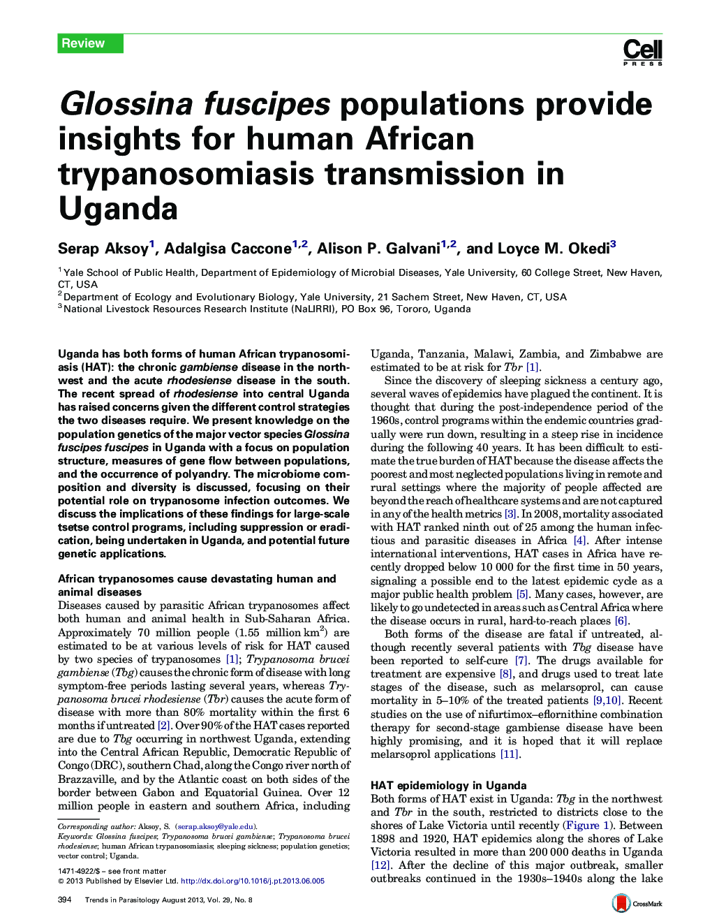 Glossina fuscipes populations provide insights for human African trypanosomiasis transmission in Uganda