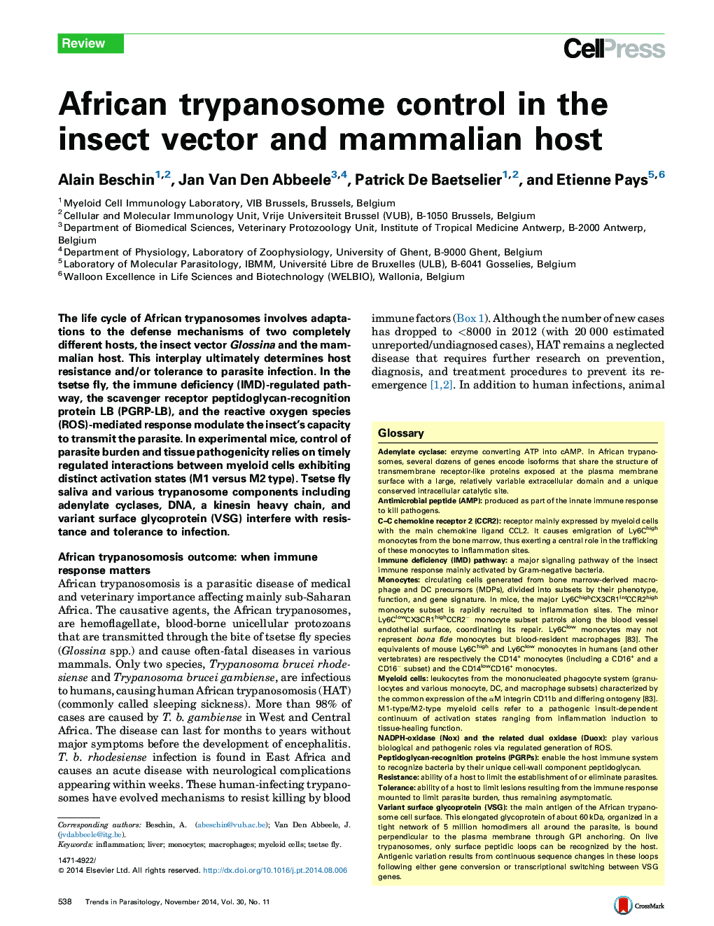 African trypanosome control in the insect vector and mammalian host