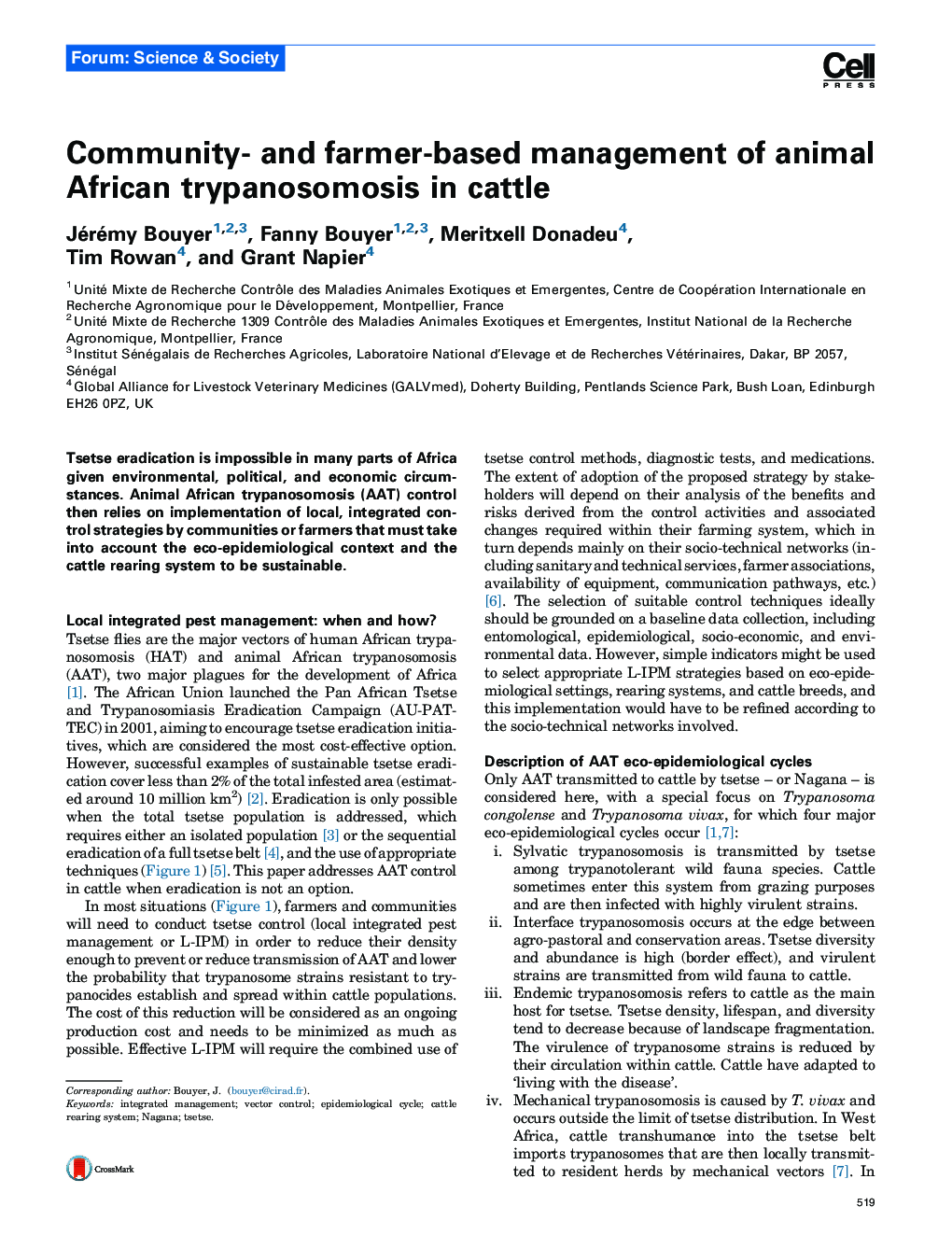 Community- and farmer-based management of animal African trypanosomosis in cattle