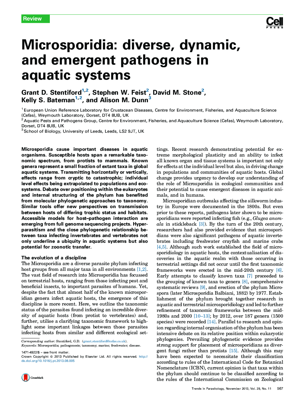 Microsporidia: diverse, dynamic, and emergent pathogens in aquatic systems