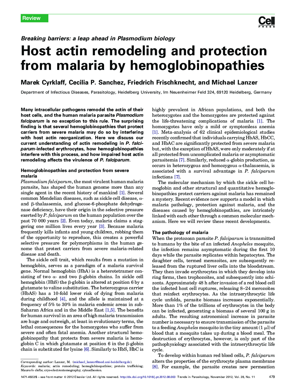 Host actin remodeling and protection from malaria by hemoglobinopathies