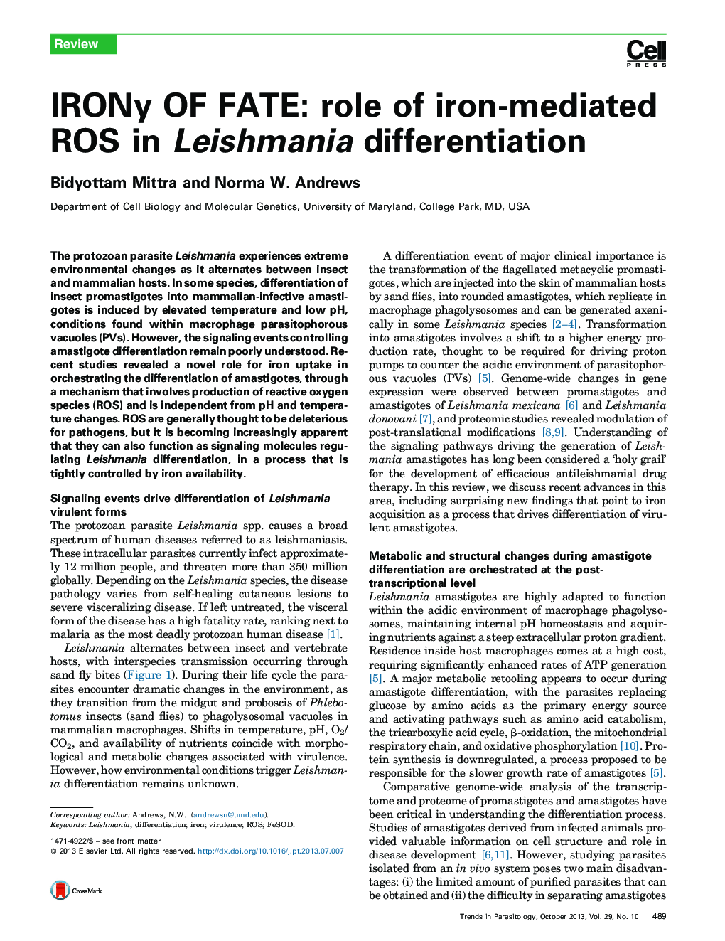 IRONy OF FATE: role of iron-mediated ROS in Leishmania differentiation