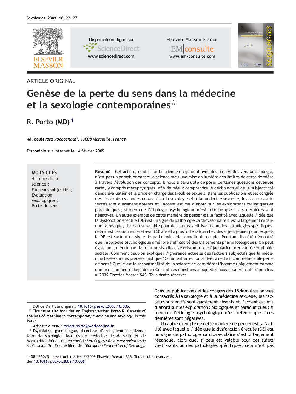 عکس صفحه اول مقاله: Genèse de la perte du sens dans la médecine et la sexologie contemporaines Genèse de la perte du sens dans la médecine et la sexologie contemporaines