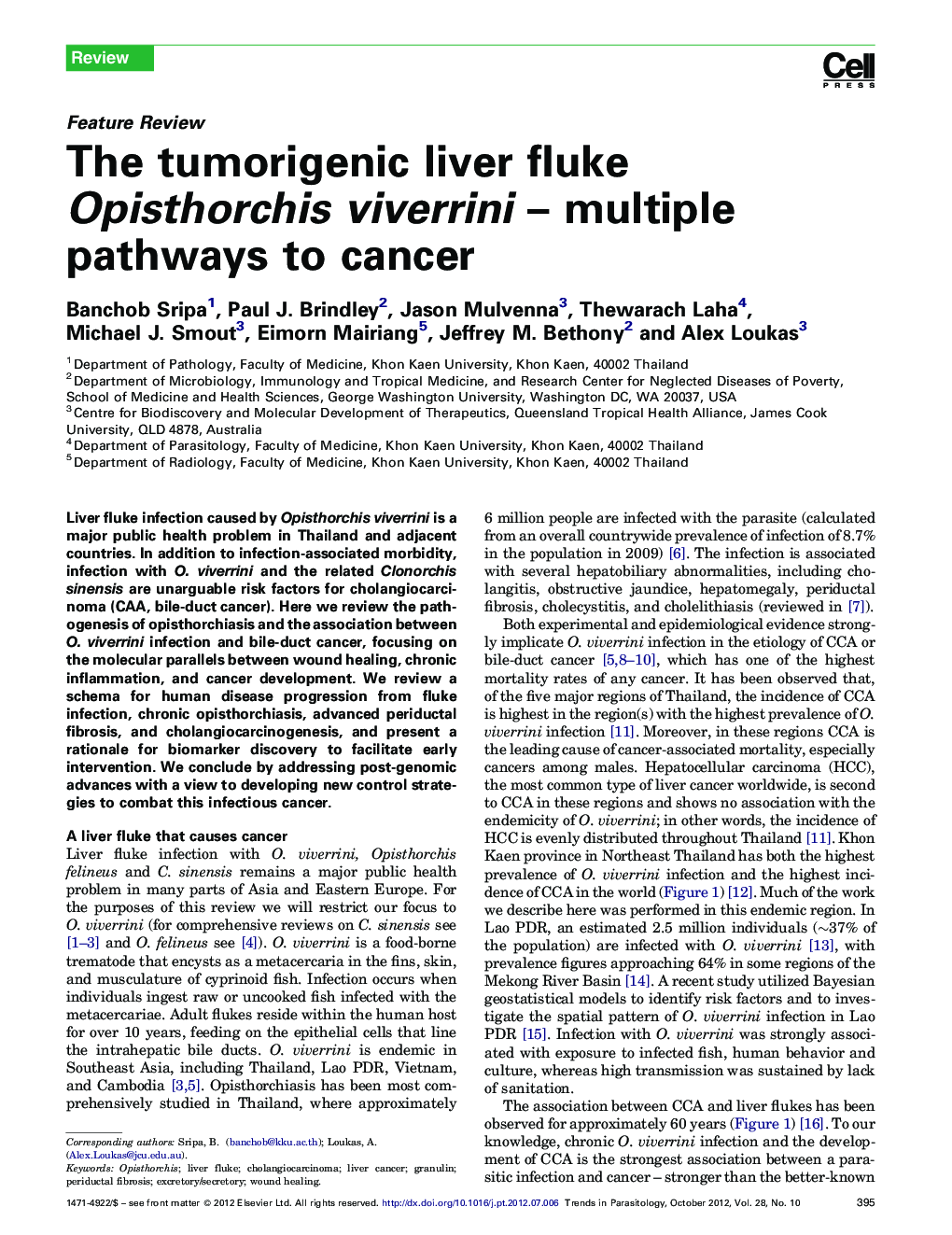 The tumorigenic liver fluke Opisthorchis viverrini – multiple pathways to cancer