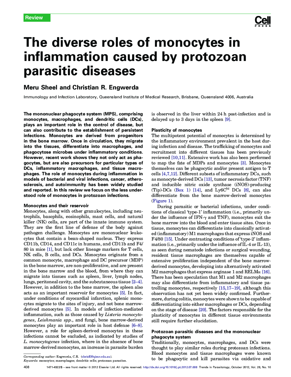 The diverse roles of monocytes in inflammation caused by protozoan parasitic diseases