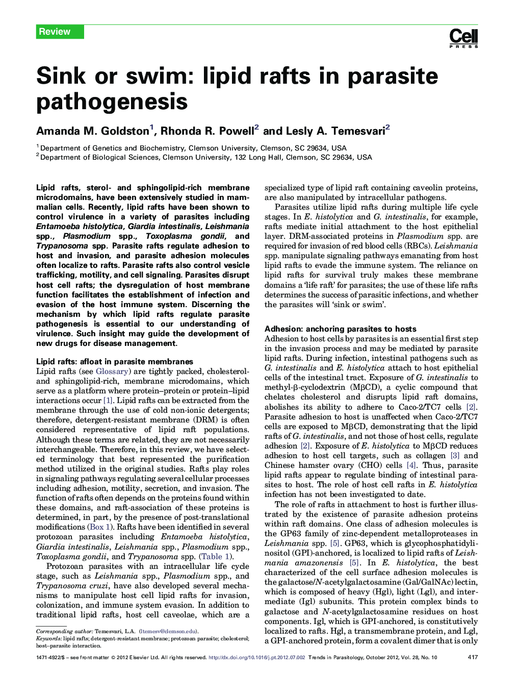 Sink or swim: lipid rafts in parasite pathogenesis