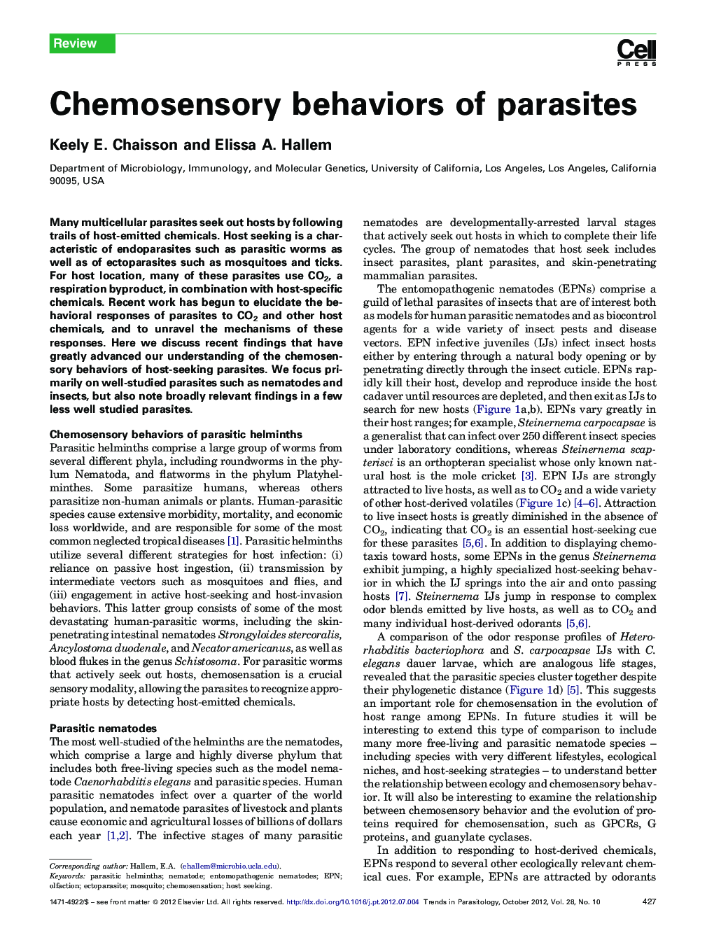 Chemosensory behaviors of parasites