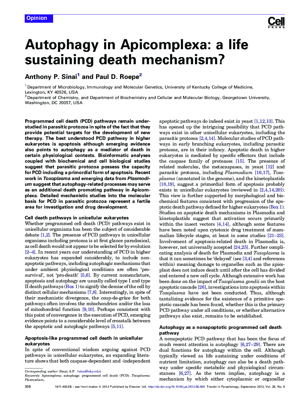 Autophagy in Apicomplexa: a life sustaining death mechanism?