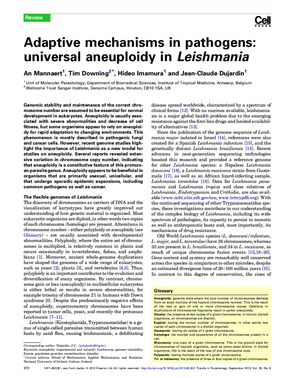 Adaptive mechanisms in pathogens: universal aneuploidy in Leishmania