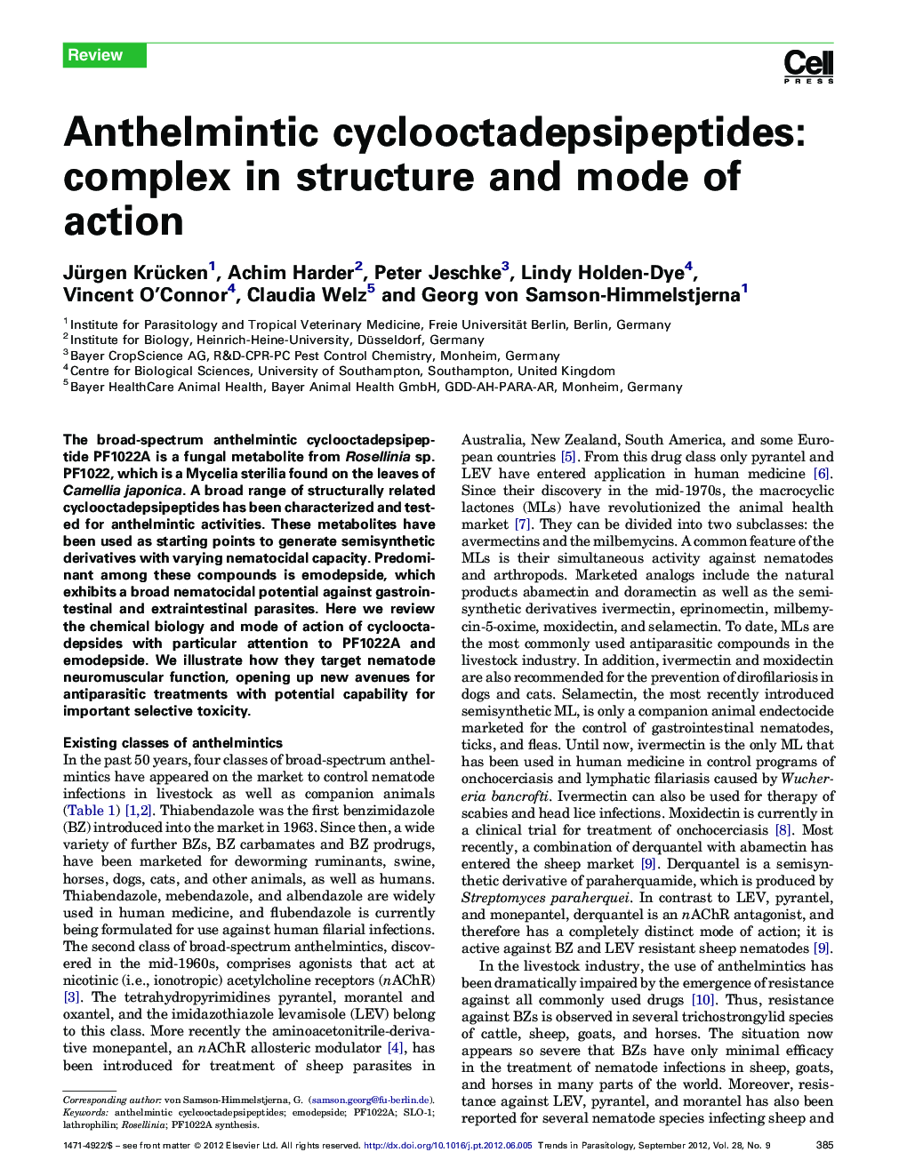 Anthelmintic cyclooctadepsipeptides: complex in structure and mode of action