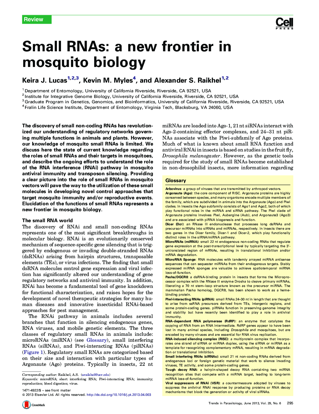 Small RNAs: a new frontier in mosquito biology