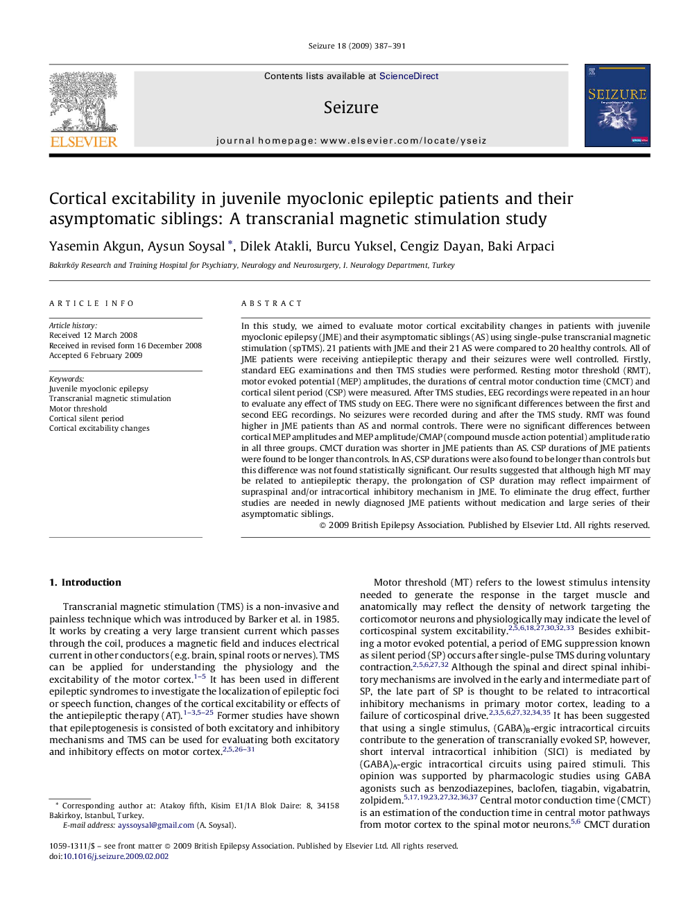 Cortical excitability in juvenile myoclonic epileptic patients and their asymptomatic siblings: A transcranial magnetic stimulation study