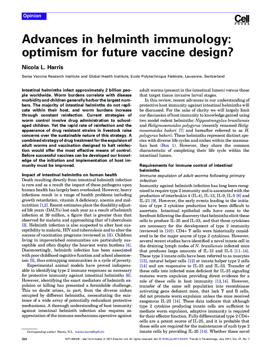 Advances in helminth immunology: optimism for future vaccine design?