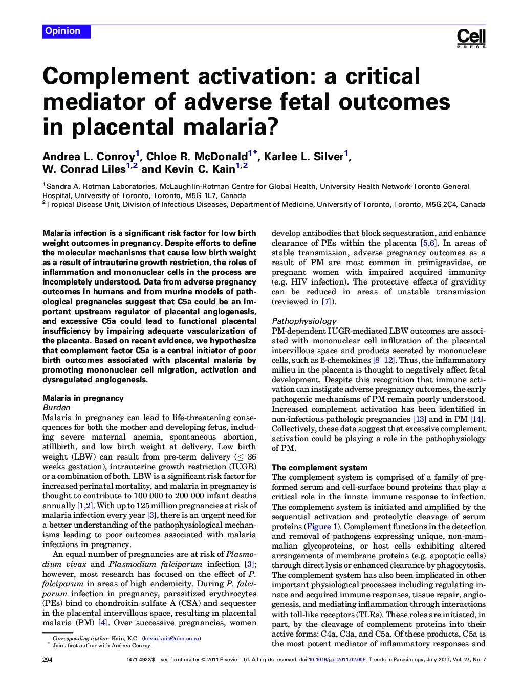 Complement activation: a critical mediator of adverse fetal outcomes in placental malaria?