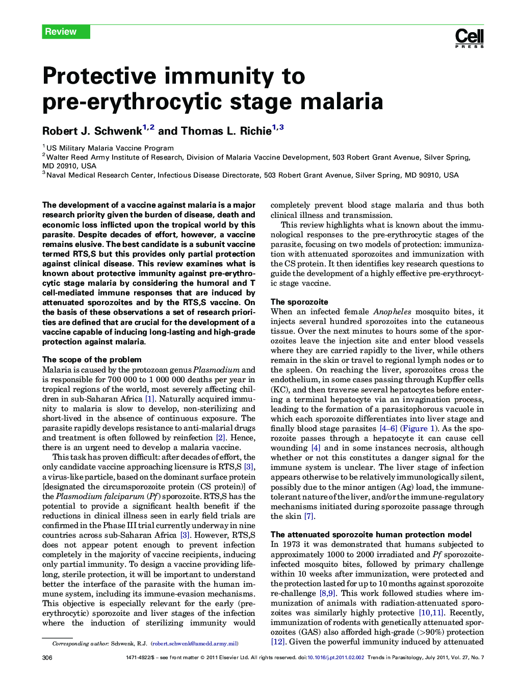 Protective immunity to pre-erythrocytic stage malaria