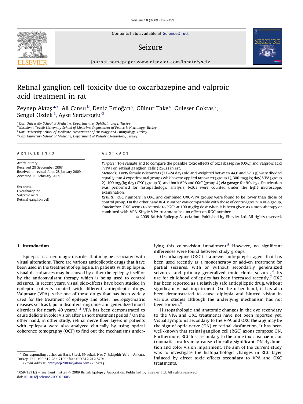 Retinal ganglion cell toxicity due to oxcarbazepine and valproic acid treatment in rat