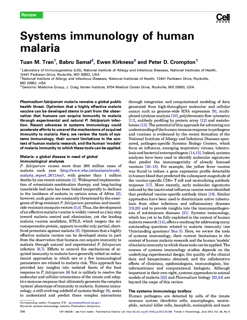 Systems immunology of human malaria