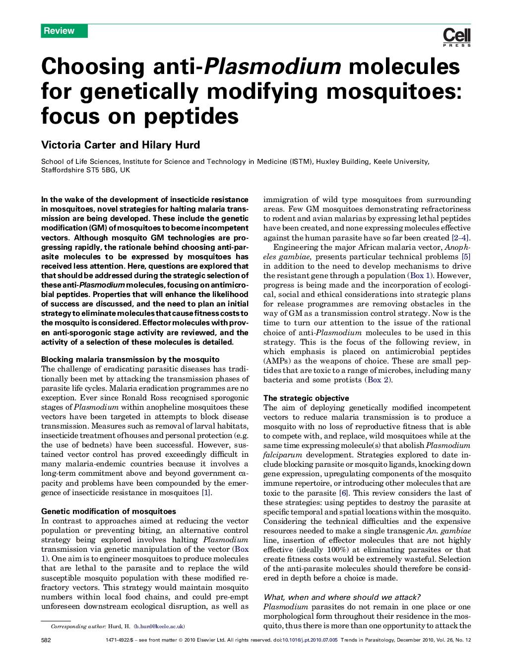 Choosing anti-Plasmodium molecules for genetically modifying mosquitoes: focus on peptides