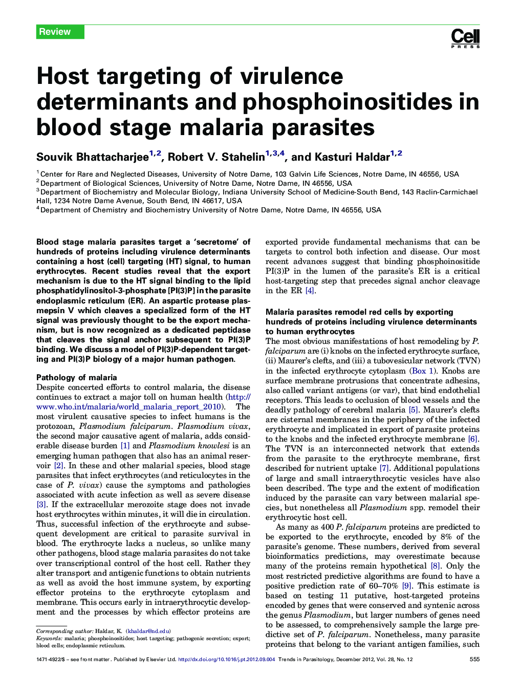 Host targeting of virulence determinants and phosphoinositides in blood stage malaria parasites