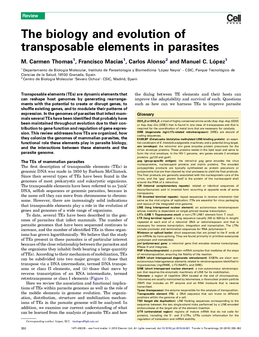 The biology and evolution of transposable elements in parasites