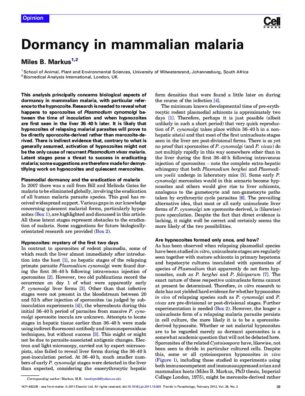 Dormancy in mammalian malaria