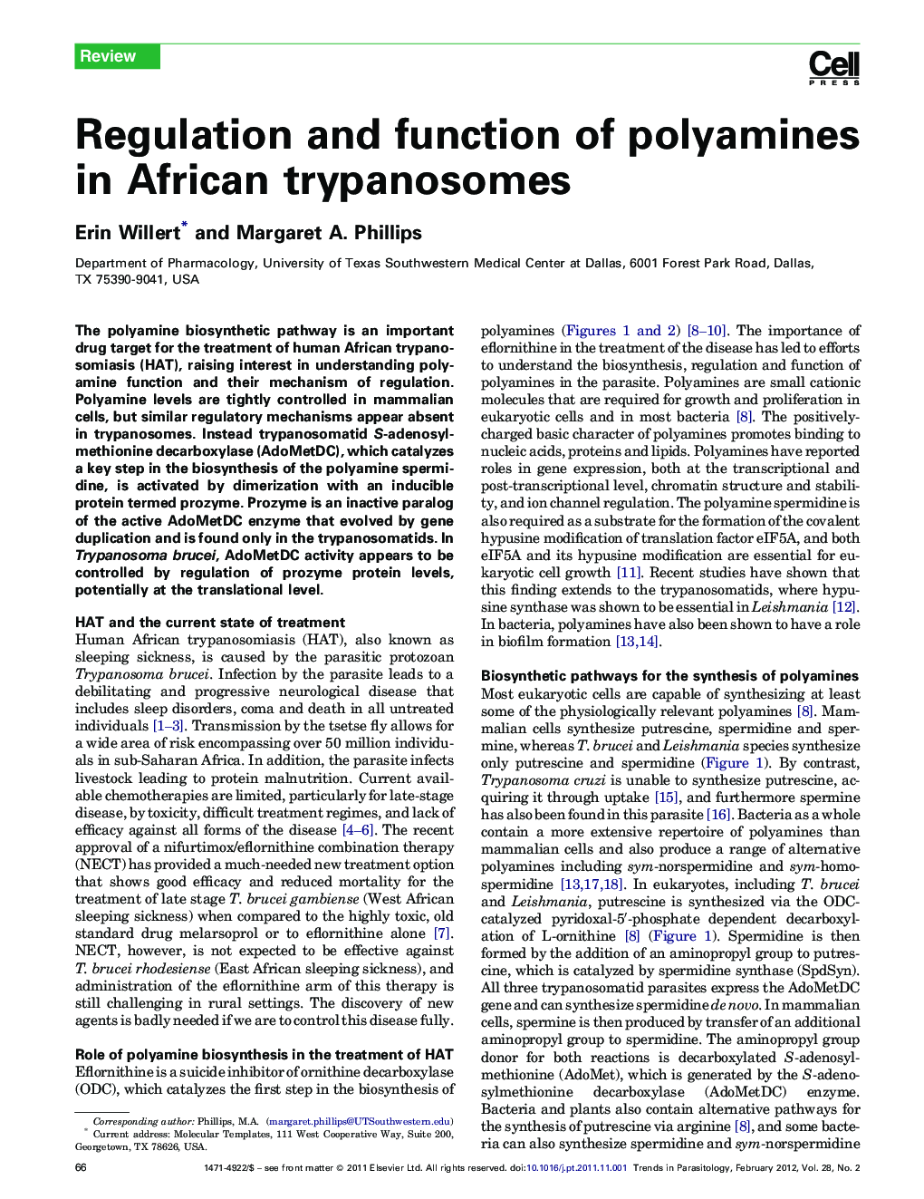 Regulation and function of polyamines in African trypanosomes