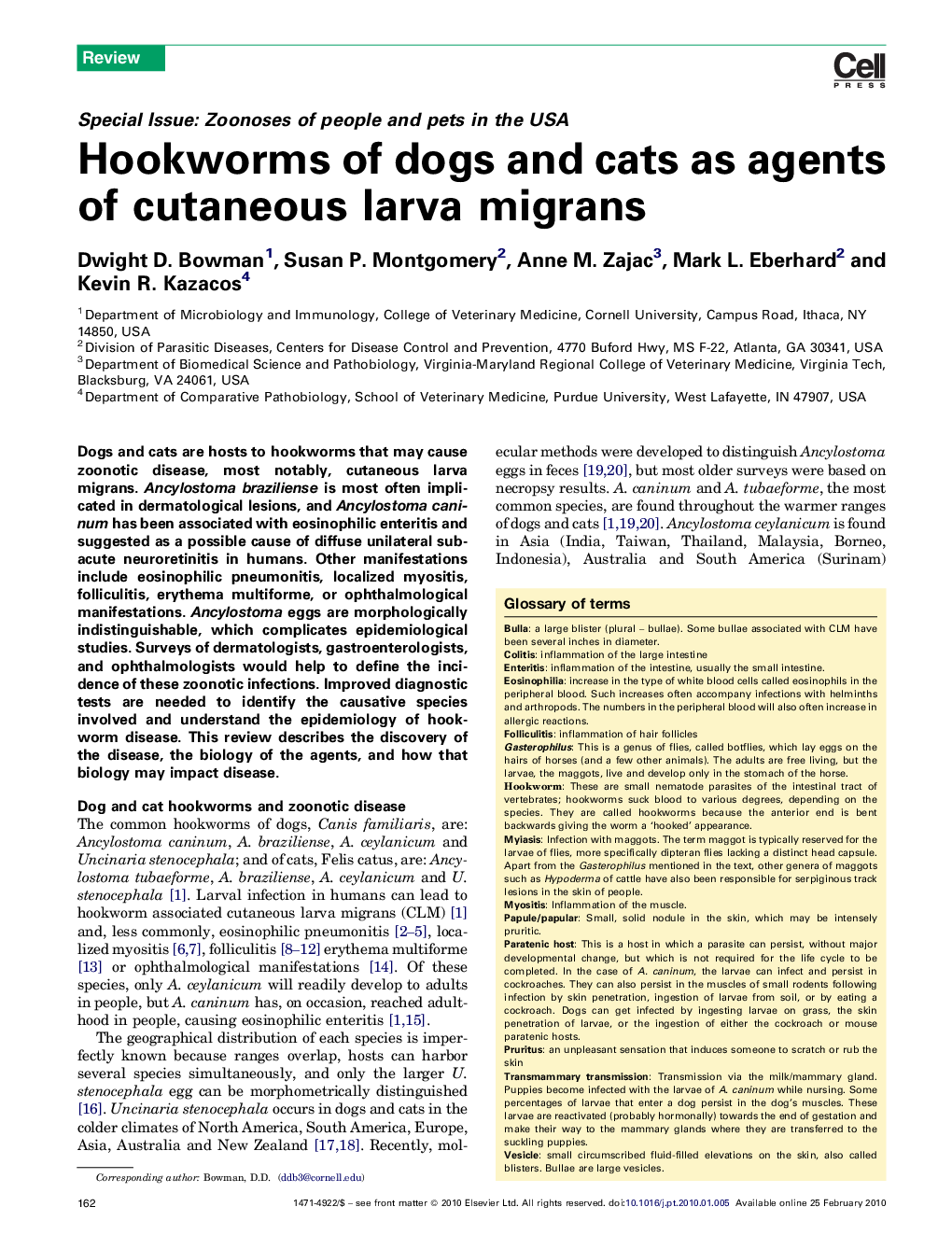 Hookworms of dogs and cats as agents of cutaneous larva migrans