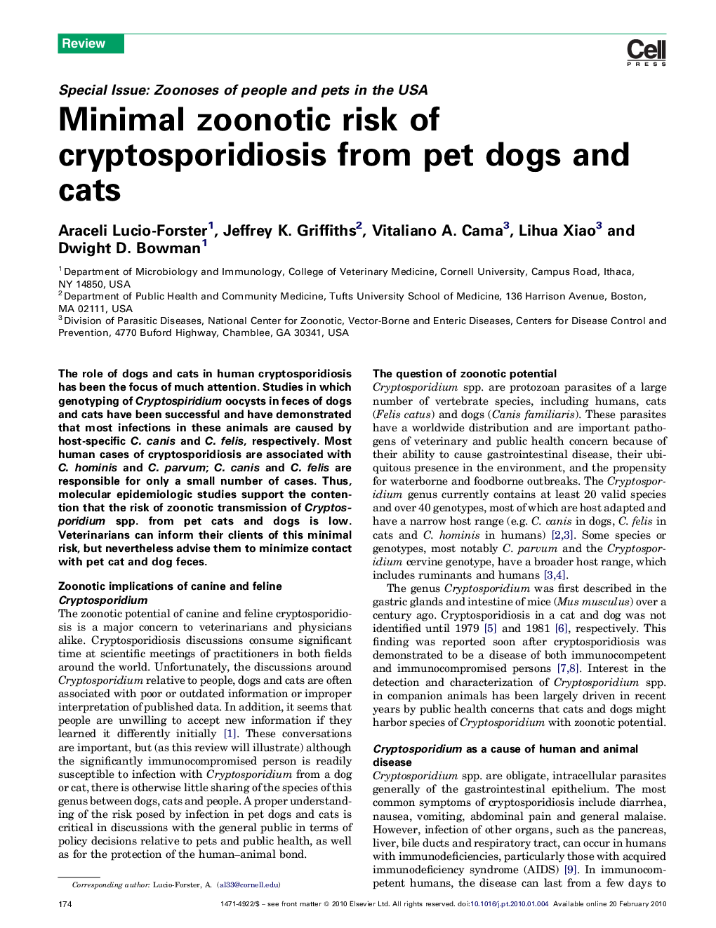 Minimal zoonotic risk of cryptosporidiosis from pet dogs and cats