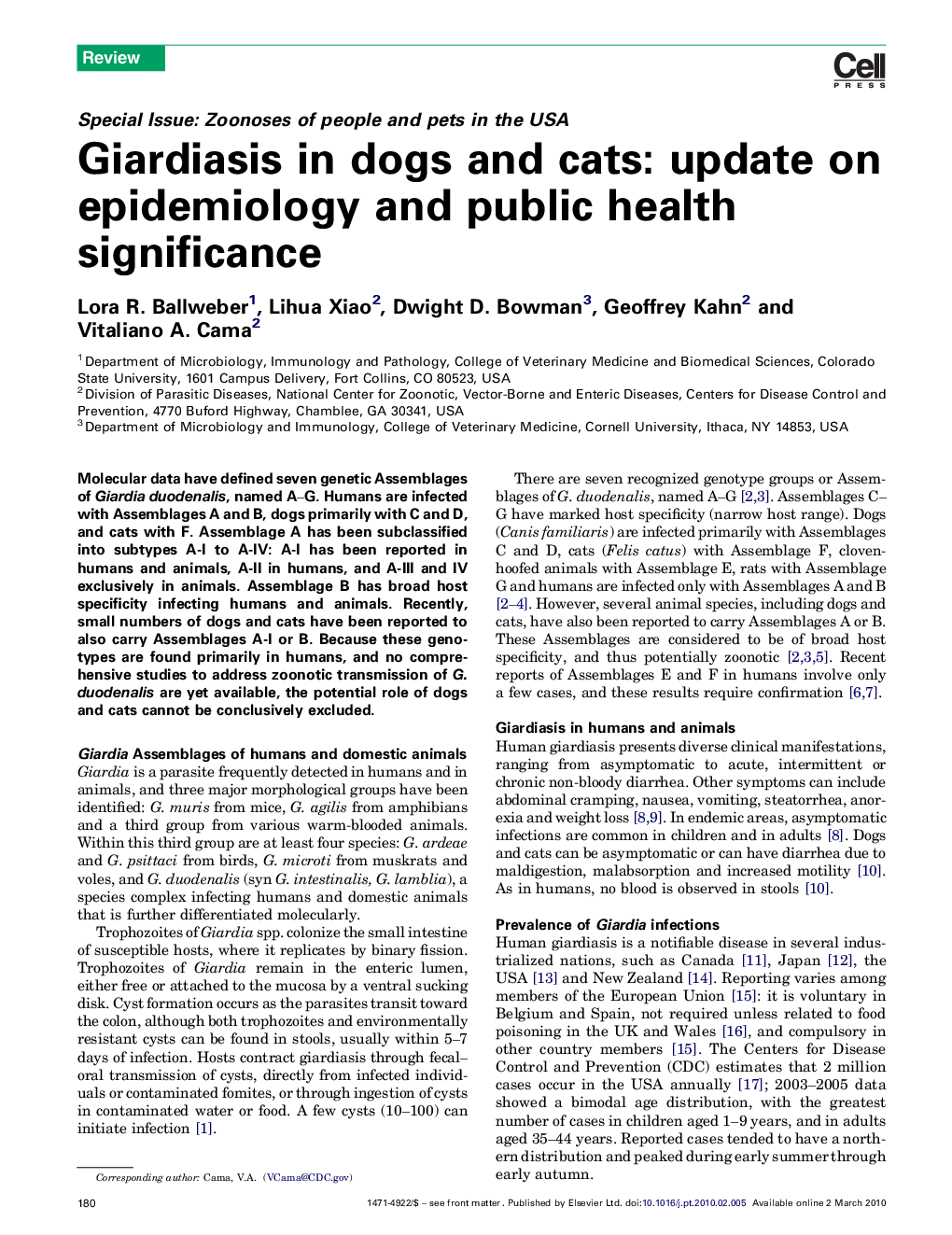 Giardiasis in dogs and cats: update on epidemiology and public health significance