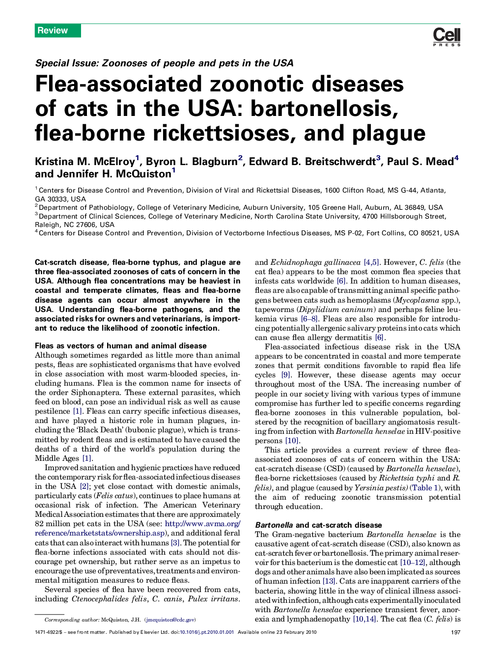 Flea-associated zoonotic diseases of cats in the USA: bartonellosis, flea-borne rickettsioses, and plague