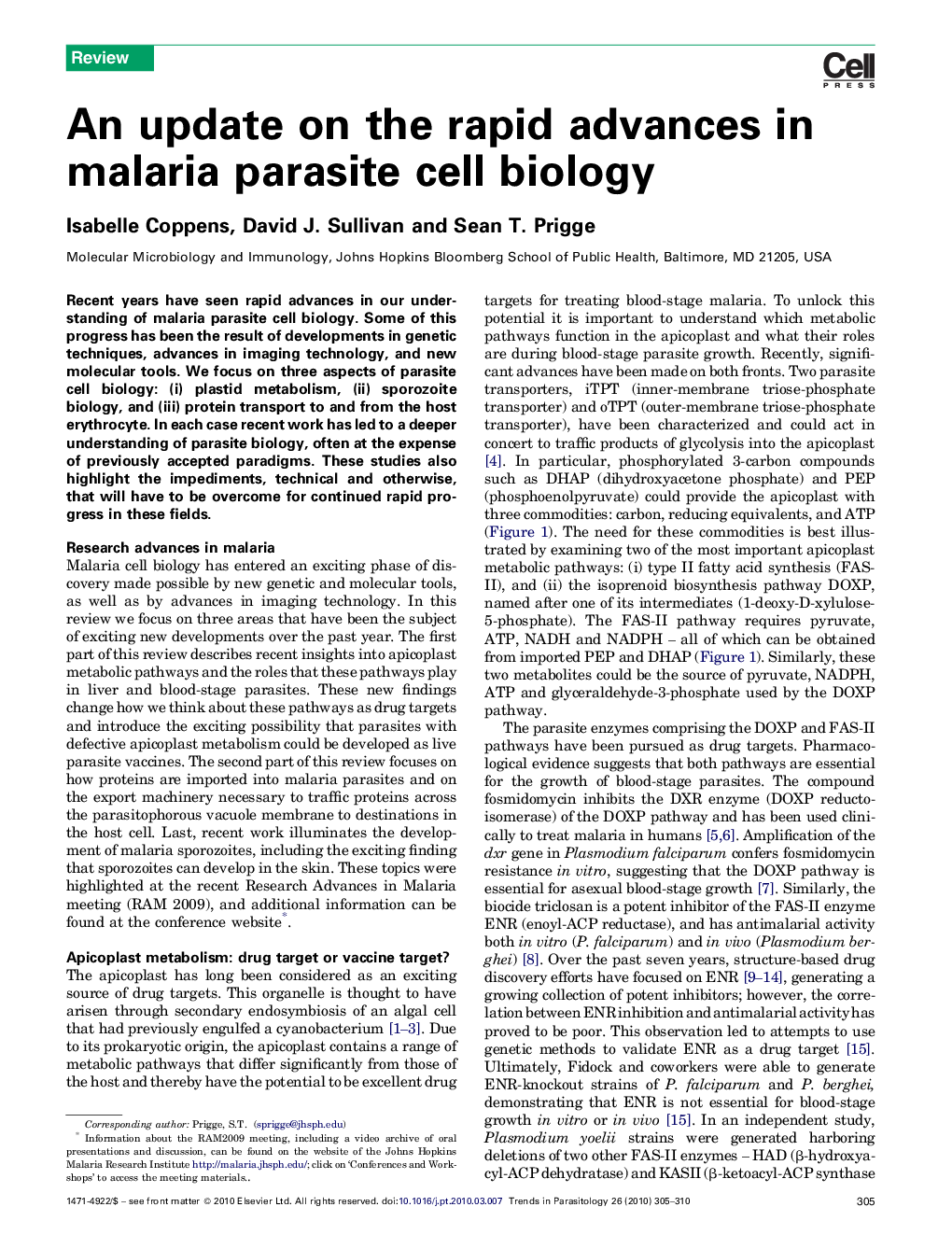 An update on the rapid advances in malaria parasite cell biology