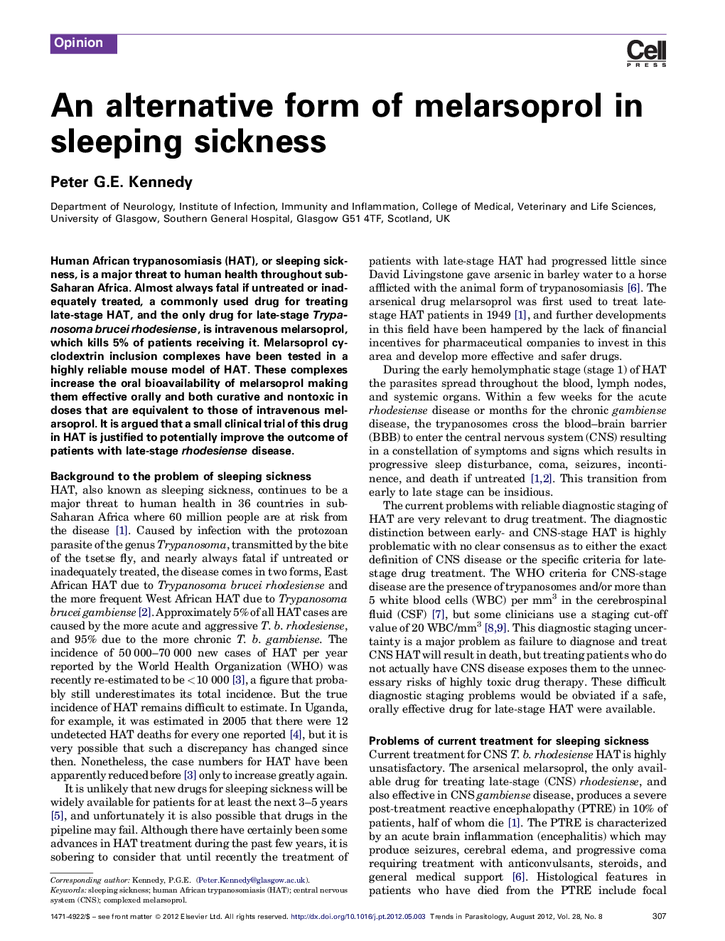 An alternative form of melarsoprol in sleeping sickness