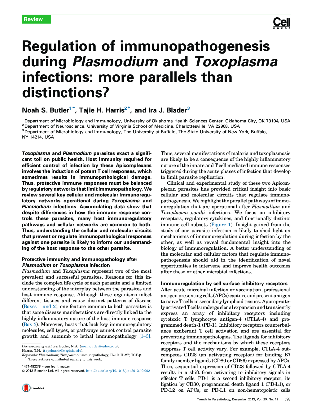 Regulation of immunopathogenesis during Plasmodium and Toxoplasma infections: more parallels than distinctions?