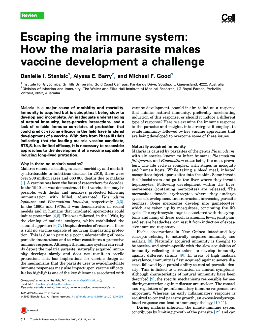 Escaping the immune system: How the malaria parasite makes vaccine development a challenge